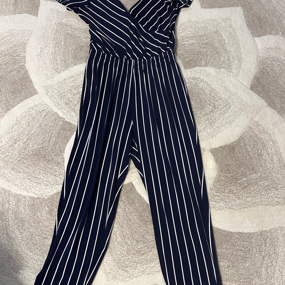 Express Navy and White Striped Jumpsuit